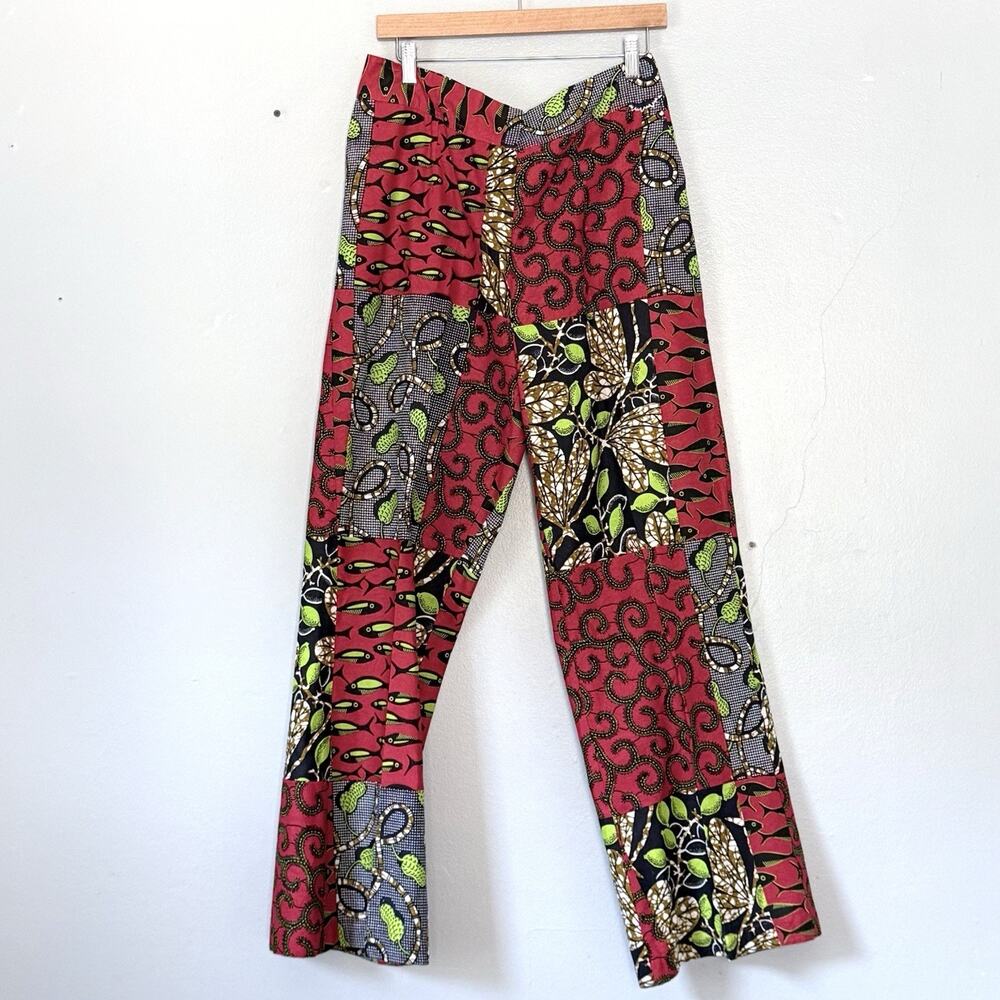 Africana African Pants Size 8 Red Patchwork Pattern Wide Leg High Rise Colorful